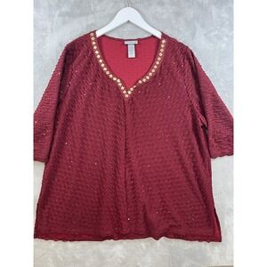Catherines Top Women 2X 22/24 Red Blouse Gold V-neck Top Casual Sparkle Office